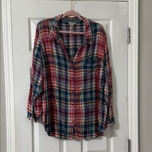 Lucky Brand Blue and Pink Oversized Button Down Shirt